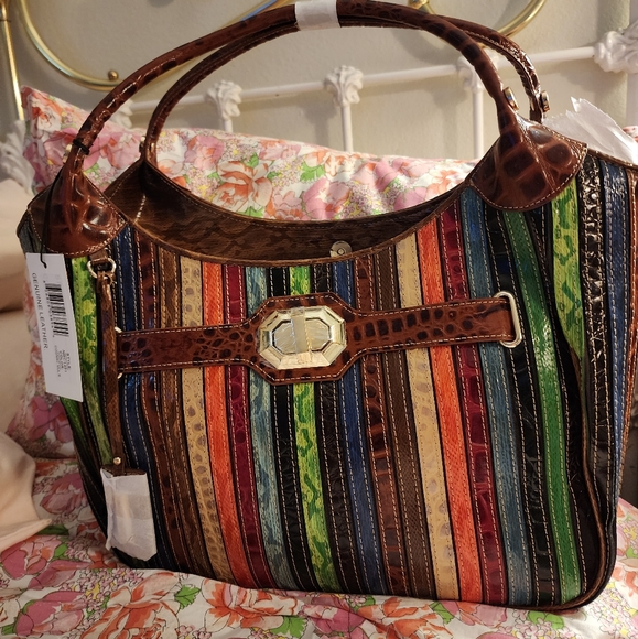 Brown and Green Hobo Shoulder Bag with Striped Pattern - Picture 1 of 13